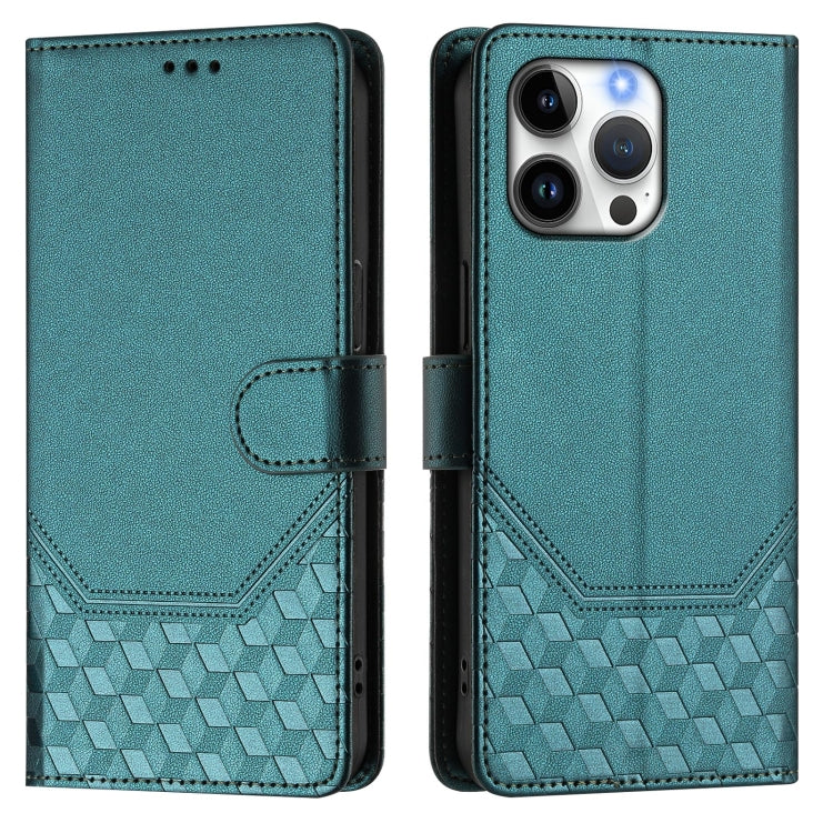 For iPhone 16 Pro Honeycomb Embossing RFID Leather Phone Case(Peacock Green) by buy2fix