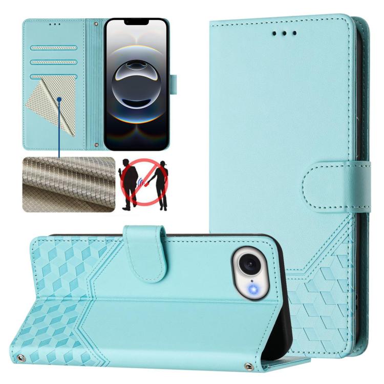 For iPhone 16e Honeycomb Embossing RFID Leather Phone Case(Mint Green) - iPhone 16e Cases by buy2fix | Online Shopping UK | buy2fix
