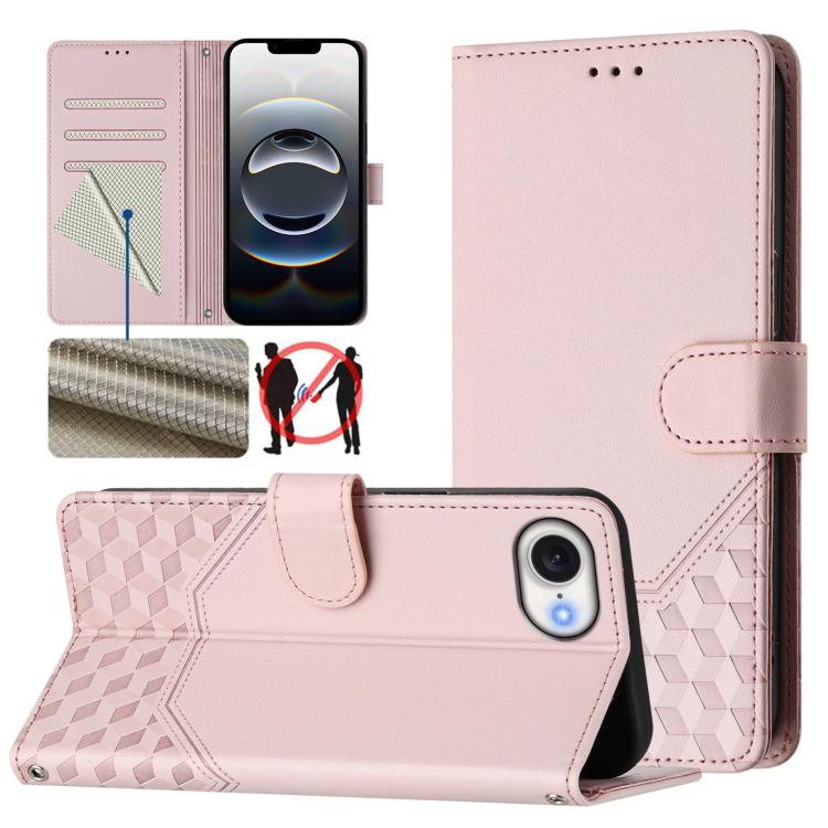 For iPhone 16e Honeycomb Embossing RFID Leather Phone Case(Pink) - iPhone 16e Cases by buy2fix | Online Shopping UK | buy2fix