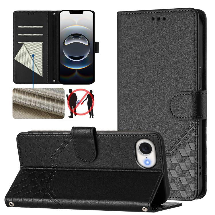 For iPhone 16e Honeycomb Embossing RFID Leather Phone Case(Black) - iPhone 16e Cases by buy2fix | Online Shopping UK | buy2fix
