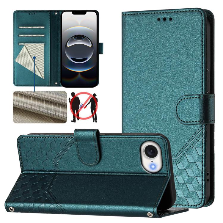 For iPhone 16e Honeycomb Embossing RFID Leather Phone Case(Peacock Green) - iPhone 16e Cases by buy2fix | Online Shopping UK | buy2fix