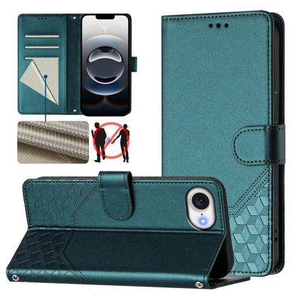 For iPhone 16e Honeycomb Embossing RFID Leather Phone Case(Peacock Green) - iPhone 16e Cases by buy2fix | Online Shopping UK | buy2fix