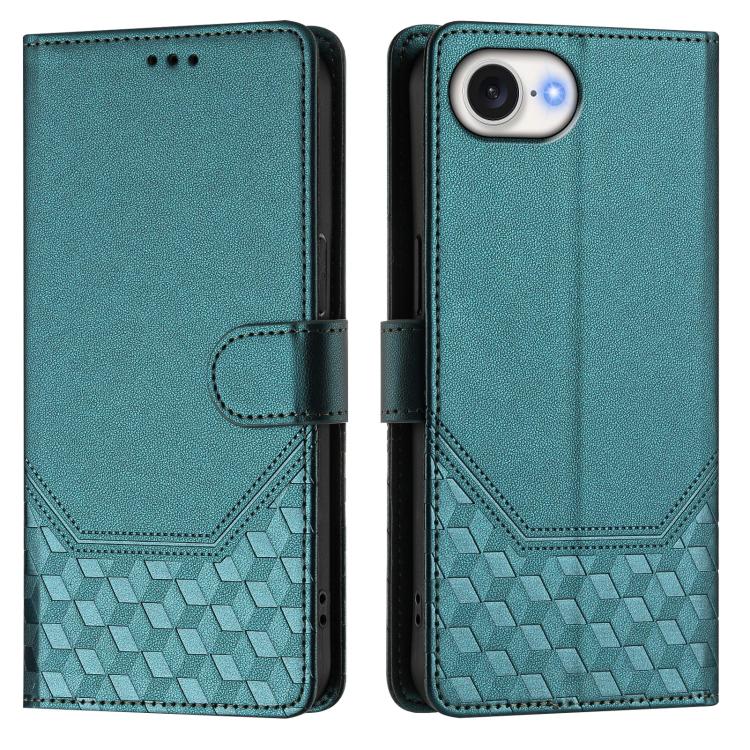 For iPhone 16e Honeycomb Embossing RFID Leather Phone Case(Peacock Green) - iPhone 16e Cases by buy2fix | Online Shopping UK | buy2fix