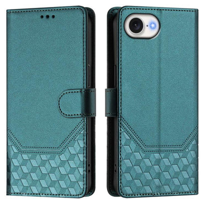 For iPhone 16e Honeycomb Embossing RFID Leather Phone Case(Peacock Green) - iPhone 16e Cases by buy2fix | Online Shopping UK | buy2fix