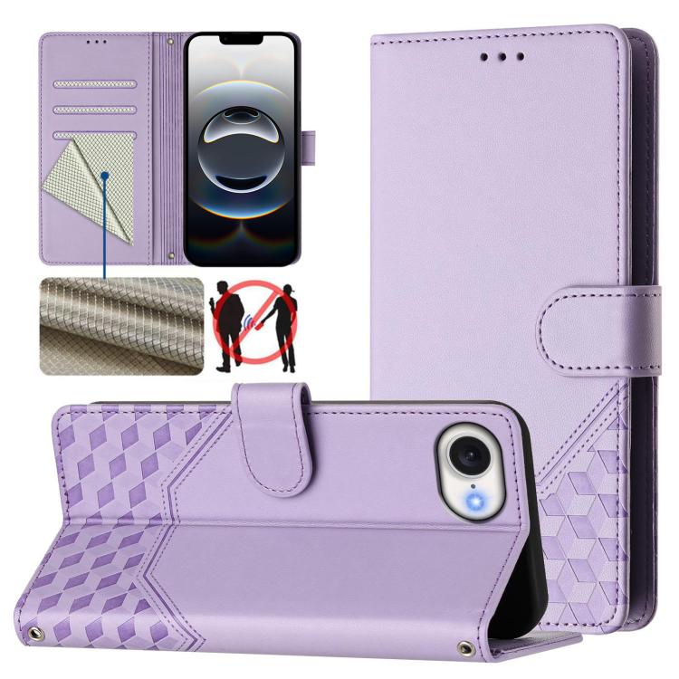 For iPhone 16e Honeycomb Embossing RFID Leather Phone Case(Light Purple) - iPhone 16e Cases by buy2fix | Online Shopping UK | buy2fix