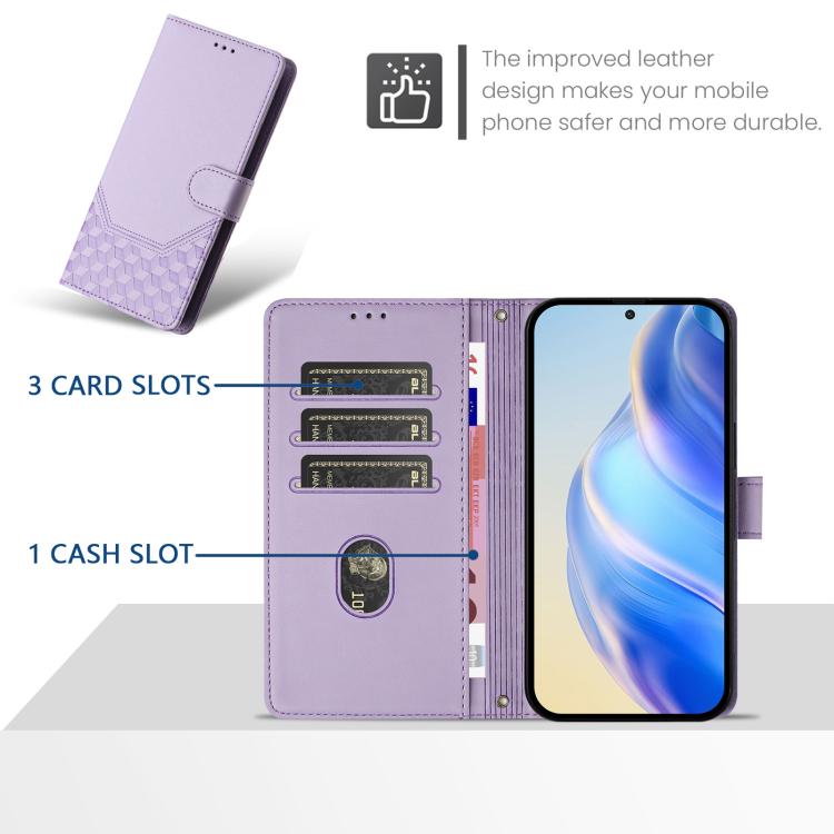 For iPhone 16e Honeycomb Embossing RFID Leather Phone Case(Light Purple) - iPhone 16e Cases by buy2fix | Online Shopping UK | buy2fix
