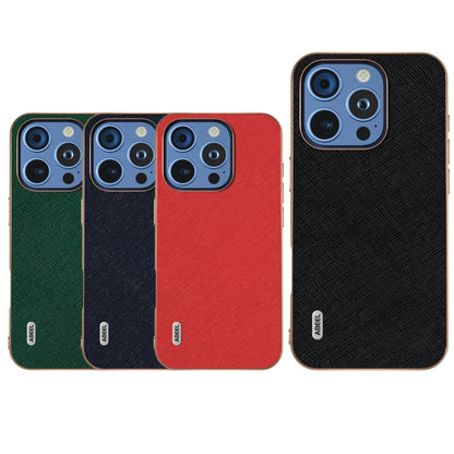 For iPhone 16 Pro ABEEL Electroplating Frame Cross Texture Genuine Leather Phone Case(Green) - iPhone 16 Pro Cases by buy2fix | Online Shopping UK | buy2fix