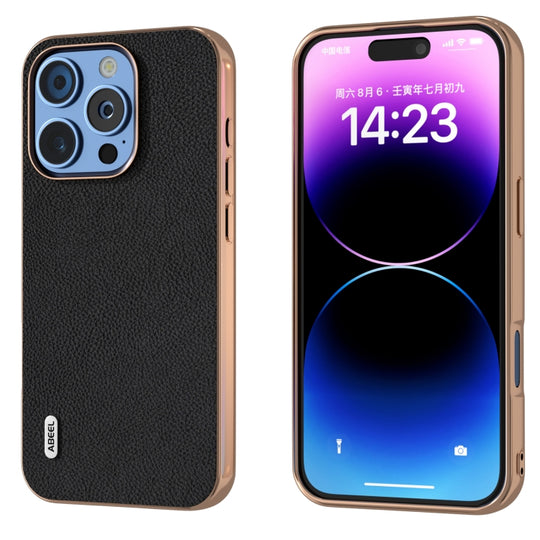 For iPhone 16 Pro Max ABEEL Electroplating Frame Genuine Leather + PC Litchi Texture Phone Case(Black)