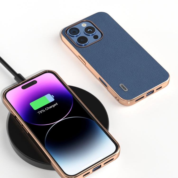 For iPhone 16 Pro ABEEL Electroplating Frame Genuine Leather + PC Litchi Texture Phone Case(Blue) - iPhone 16 Pro Cases by buy2fix | Online Shopping UK | buy2fix