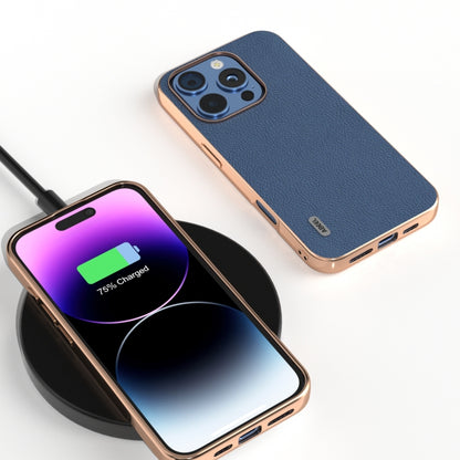 For iPhone 16 Pro ABEEL Electroplating Frame Genuine Leather + PC Litchi Texture Phone Case(Blue) - iPhone 16 Pro Cases by buy2fix | Online Shopping UK | buy2fix