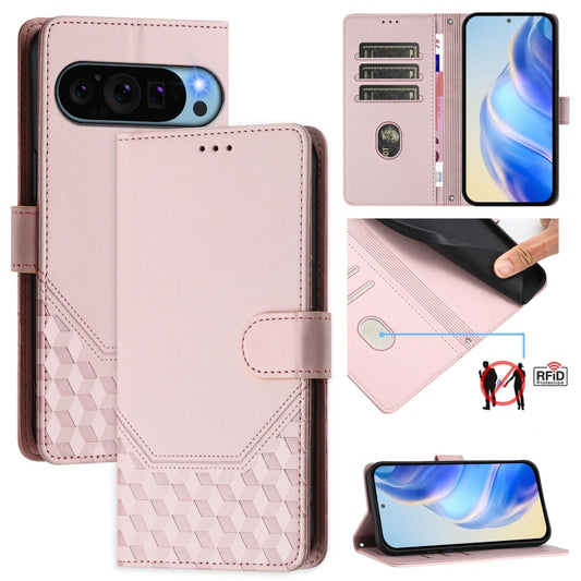 For Google Pixel 9 / 9 Pro Honeycomb Embossing RFID Leather Phone Case(Pink) by buy2fix