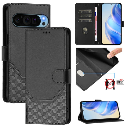 For Google Pixel 9 / 9 Pro Honeycomb Embossing RFID Leather Phone Case(Black) by buy2fix