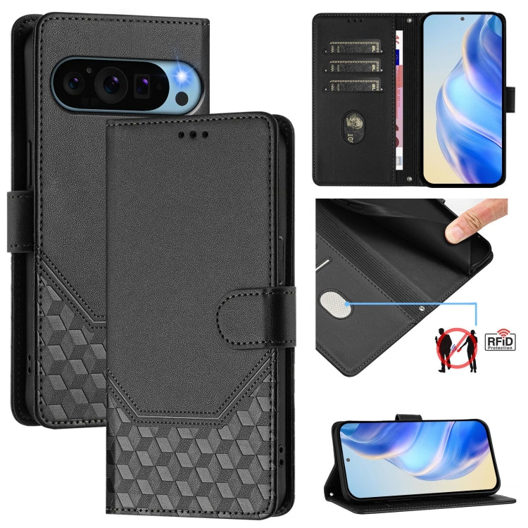 For Google Pixel 9 Pro XL Honeycomb Embossing RFID Leather Phone Case(Black) by buy2fix