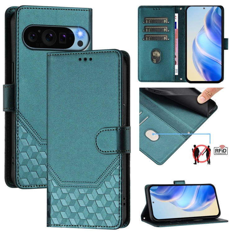 For Google Pixel 9 Pro XL Honeycomb Embossing RFID Leather Phone Case(Peacock Green) by buy2fix
