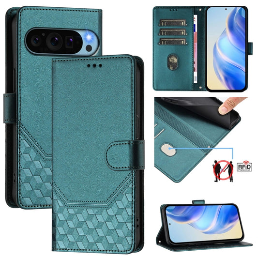 For Google Pixel 9 Pro XL Honeycomb Embossing RFID Leather Phone Case(Peacock Green) by buy2fix