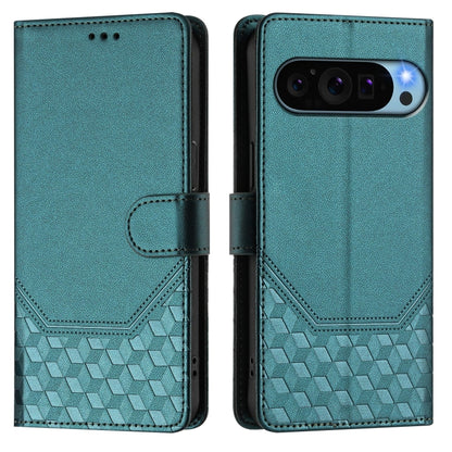 For Google Pixel 9 Pro XL Honeycomb Embossing RFID Leather Phone Case(Peacock Green) by buy2fix