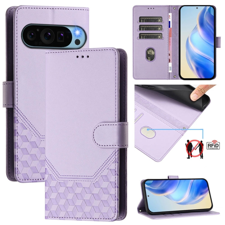 For Google Pixel 9 Pro XL Honeycomb Embossing RFID Leather Phone Case(Light Purple) by buy2fix