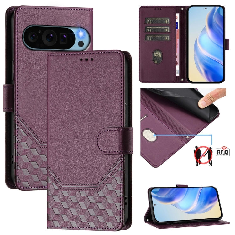 For Google Pixel 9 Pro XL Honeycomb Embossing RFID Leather Phone Case(Violet) by buy2fix