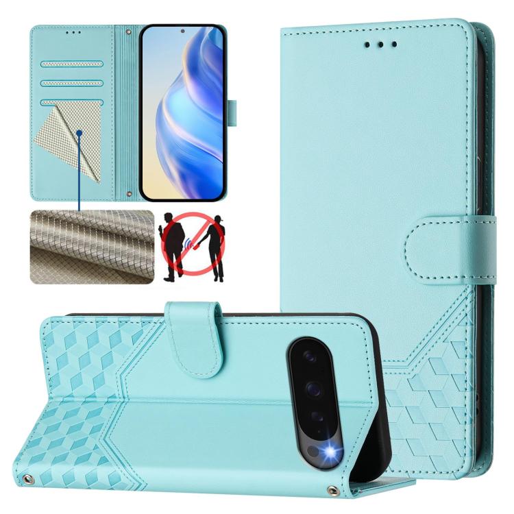 For Google Pixel 10 5G / 10 Pro 5G Global Honeycomb Embossing RFID Leather Phone Case(Mint Green) - Google Cases by buy2fix | Online Shopping UK | buy2fix