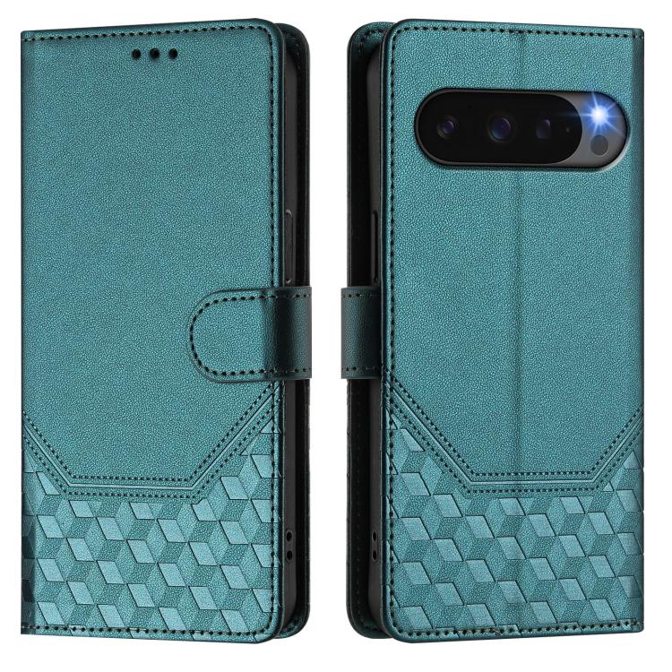 For Google Pixel 10 5G / 10 Pro 5G Global Honeycomb Embossing RFID Leather Phone Case(Peacock Green) - Google Cases by buy2fix | Online Shopping UK | buy2fix