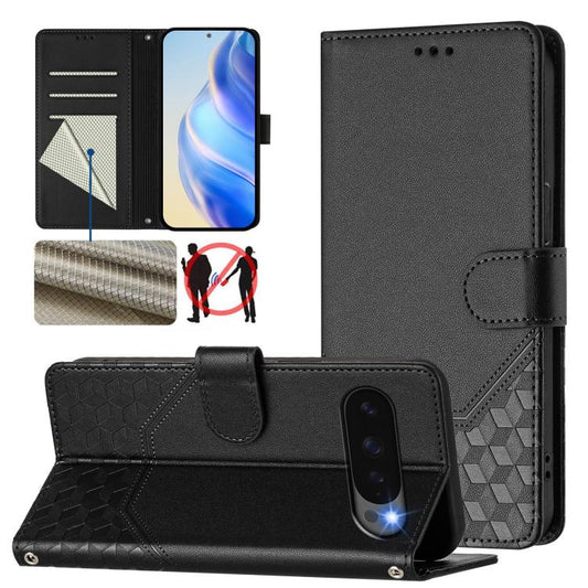 For Google Pixel 10 Pro XL 5G Global Honeycomb Embossing RFID Leather Phone Case(Black) - Google Cases by buy2fix | Online Shopping UK | buy2fix