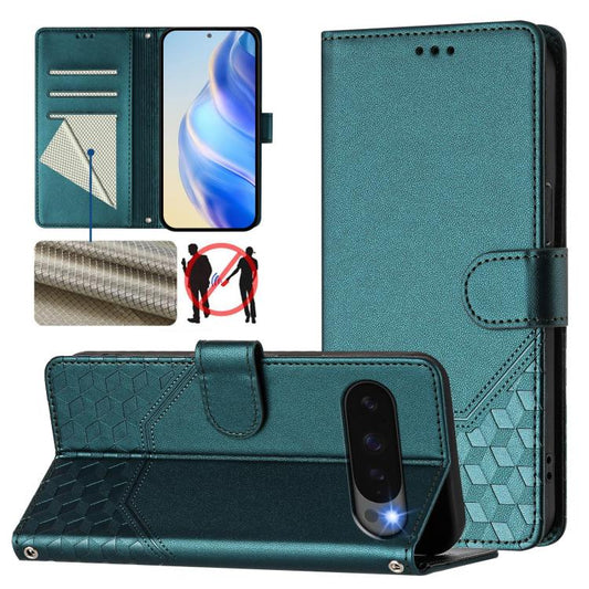 For Google Pixel 10 Pro XL 5G Global Honeycomb Embossing RFID Leather Phone Case(Peacock Green) - Google Cases by buy2fix | Online Shopping UK | buy2fix