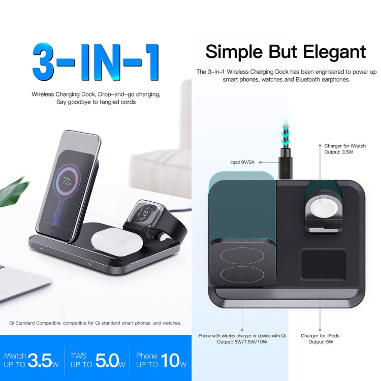 DW08 15W 3 in 1 Folding Wireless Charger(Black) by buy2fix