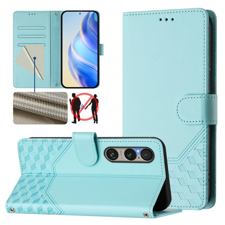 For Sony Xperia 1 VI 2024 Honeycomb Embossing RFID Leather Phone Case(Mint Green) by buy2fix