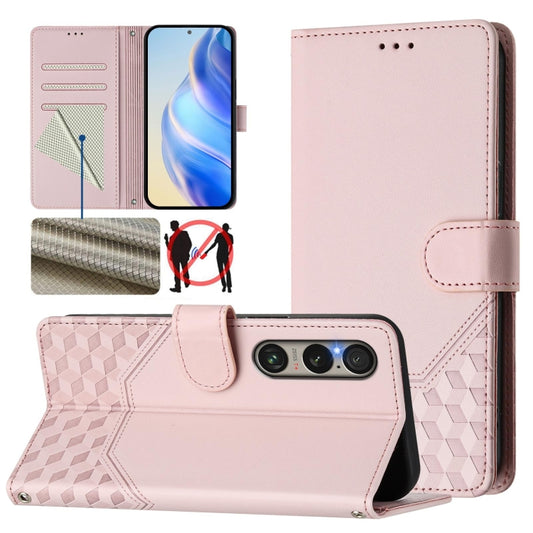 For Sony Xperia 1 VI 2024 Honeycomb Embossing RFID Leather Phone Case(Pink) by buy2fix