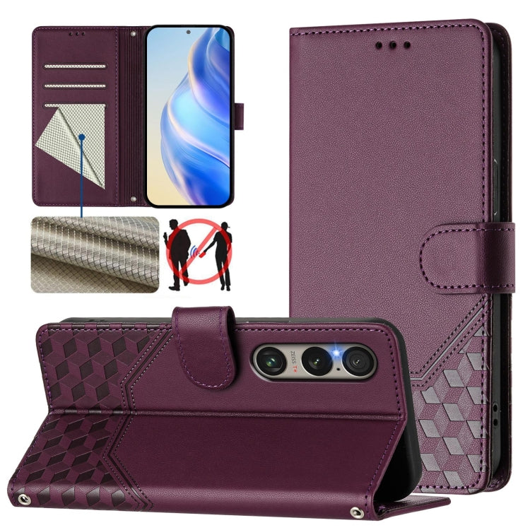 For Sony Xperia 1 VI 2024 Honeycomb Embossing RFID Leather Phone Case(Violet) by buy2fix
