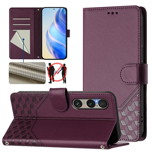 For Sony Xperia 1 VI 2024 Honeycomb Embossing RFID Leather Phone Case(Violet) by buy2fix