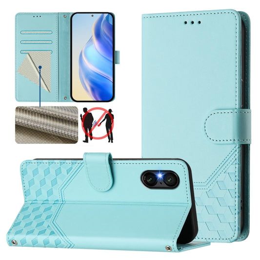 For Sony Xperia 5 VI 2024 Honeycomb Embossing RFID Leather Phone Case(Mint Green) by buy2fix