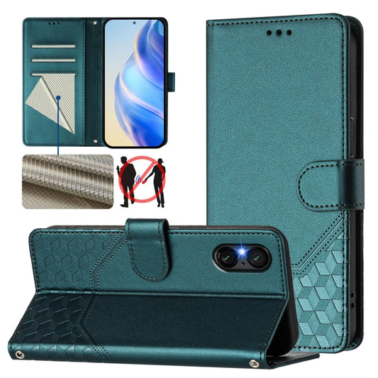 For Sony Xperia 5 VI 2024 Honeycomb Embossing RFID Leather Phone Case(Peacock Green) by buy2fix
