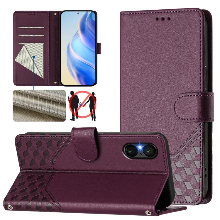 For Sony Xperia 5 VI 2024 Honeycomb Embossing RFID Leather Phone Case(Violet) by buy2fix
