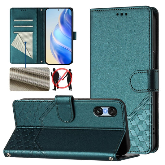 For Sony Xperia 10 VI 2024 Honeycomb Embossing RFID Leather Phone Case(Peacock Green) by buy2fix