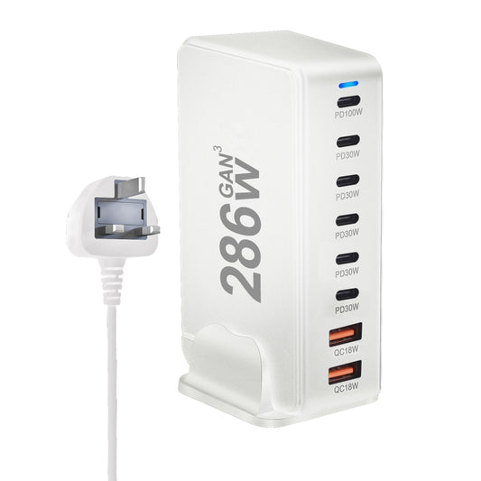YMX-986 286W 6 Type-C, 2 USB 8-Ports Desktop Fast Charger, Plug Type:UK Plug(White) - Multifunction Charger by buy2fix | Online Shopping UK | buy2fix