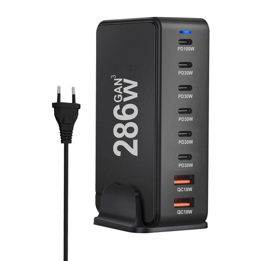 YMX-986 286W 6 Type-C, 2 USB 8-Ports Desktop Fast Charger, Plug Type:EU Plug(Black) - Multifunction Charger by buy2fix | Online Shopping UK | buy2fix