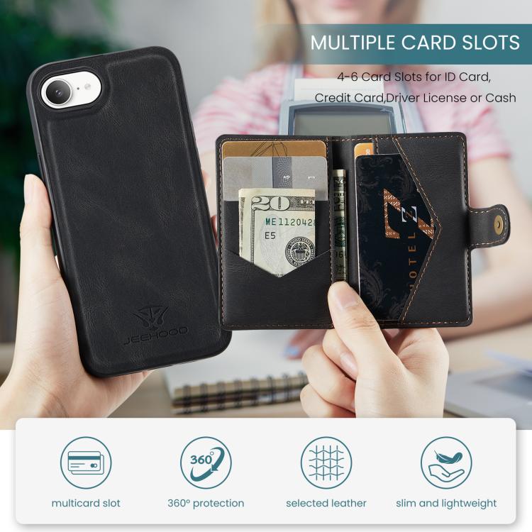 For iPhone 16e JEEHOOD J01 Retro Magnetic Detachable Wallet Phone Case(Black) - iPhone 16e Cases by JEEHOOD | Online Shopping UK | buy2fix