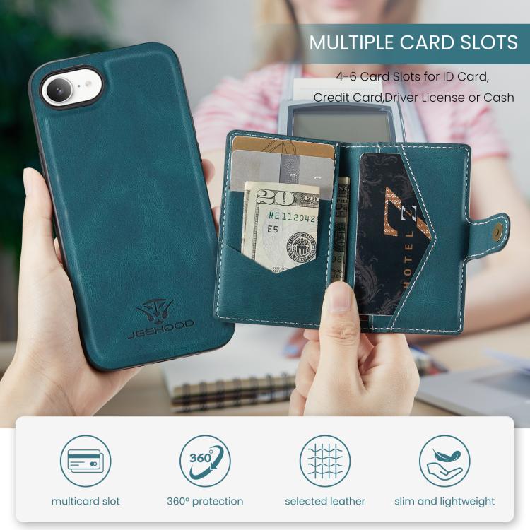 For iPhone 16e JEEHOOD J01 Retro Magnetic Detachable Wallet Phone Case(Blue) - iPhone 16e Cases by JEEHOOD | Online Shopping UK | buy2fix