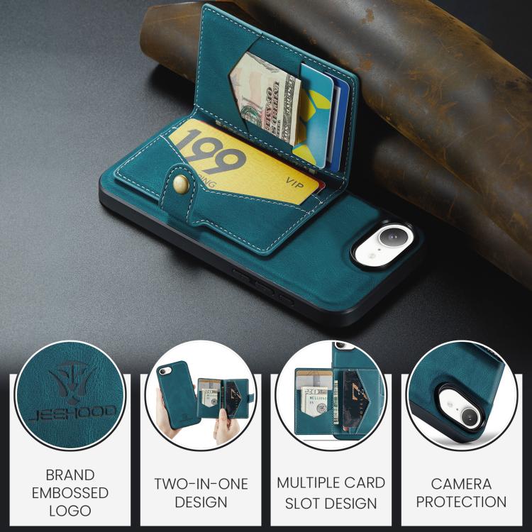 For iPhone 16e JEEHOOD J01 Retro Magnetic Detachable Wallet Phone Case(Blue) - iPhone 16e Cases by JEEHOOD | Online Shopping UK | buy2fix