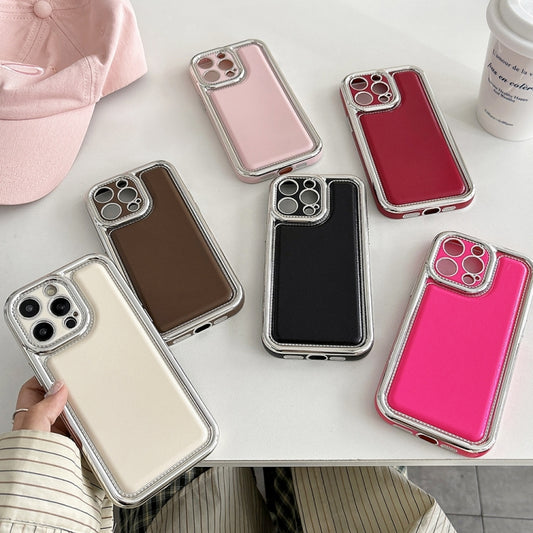 For iPhone 16 Plus Electroplated Edge Frosted Leather TPU Phone Case(Apricot Color) - iPhone 16 Plus Cases by buy2fix | Online Shopping UK | buy2fix