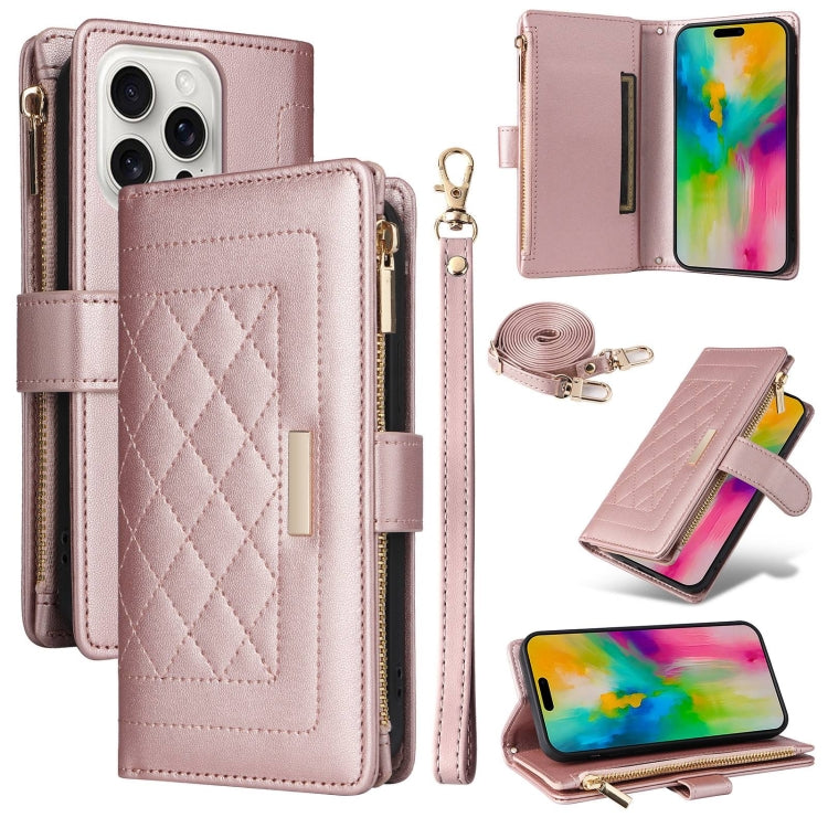 For iPhone 16 Pro Max Crossbody Zipper Wallet Rhombus Leather Phone Case(Rose Gold) by buy2fix