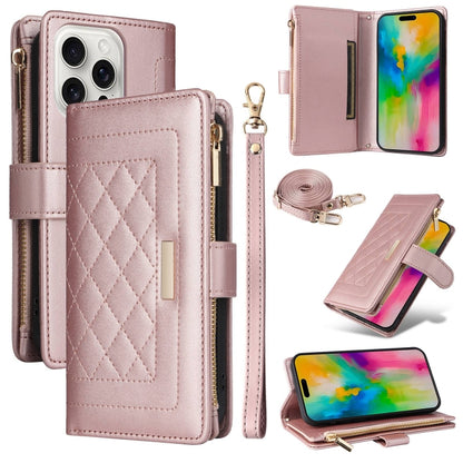 For iPhone 16 Pro Max Crossbody Zipper Wallet Rhombus Leather Phone Case(Rose Gold) by buy2fix