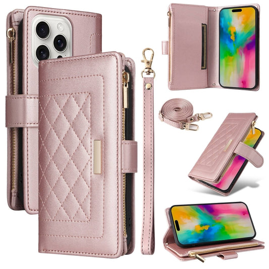 For iPhone 16 Pro Max Crossbody Zipper Wallet Rhombus Leather Phone Case(Rose Gold) by buy2fix