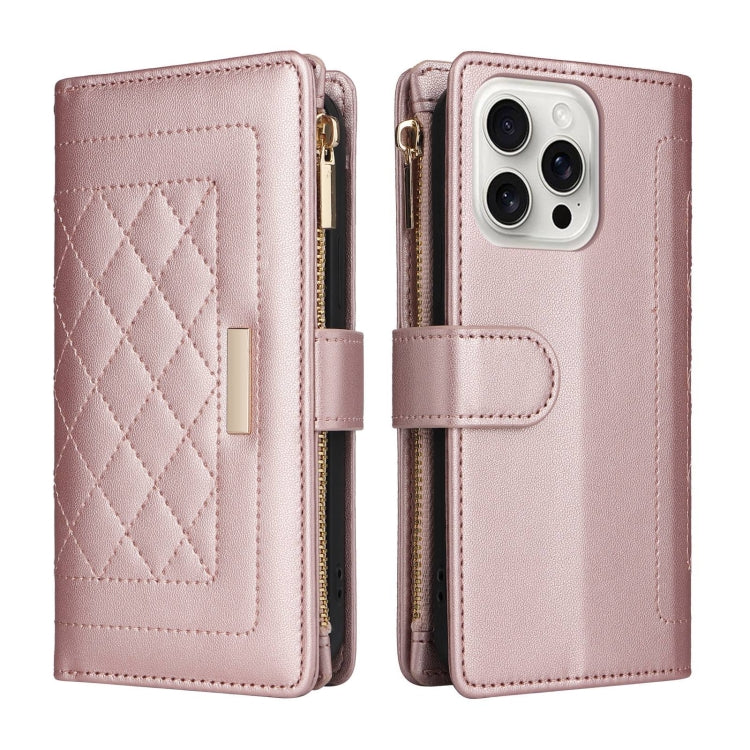 For iPhone 16 Pro Max Crossbody Zipper Wallet Rhombus Leather Phone Case(Rose Gold) by buy2fix