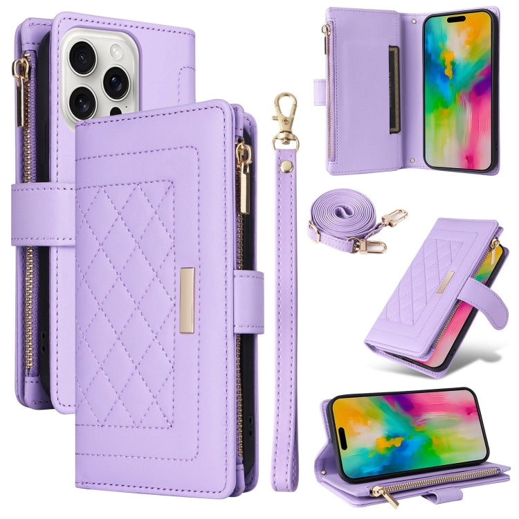 For iPhone 16 Pro Max Crossbody Zipper Wallet Rhombus Leather Phone Case(Purple) by buy2fix