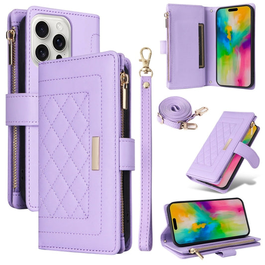 For iPhone 16 Pro Max Crossbody Zipper Wallet Rhombus Leather Phone Case(Purple) by buy2fix