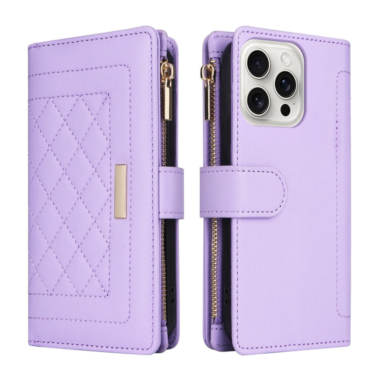 For iPhone 16 Pro Max Crossbody Zipper Wallet Rhombus Leather Phone Case(Purple) by buy2fix
