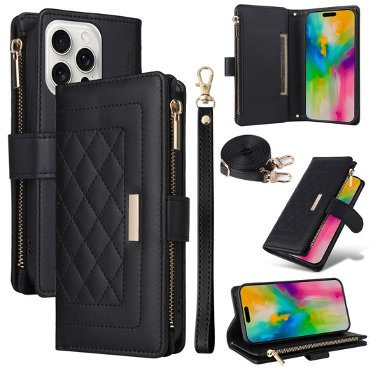 For iPhone 16 Pro Max Crossbody Zipper Wallet Rhombus Leather Phone Case(Black) by buy2fix