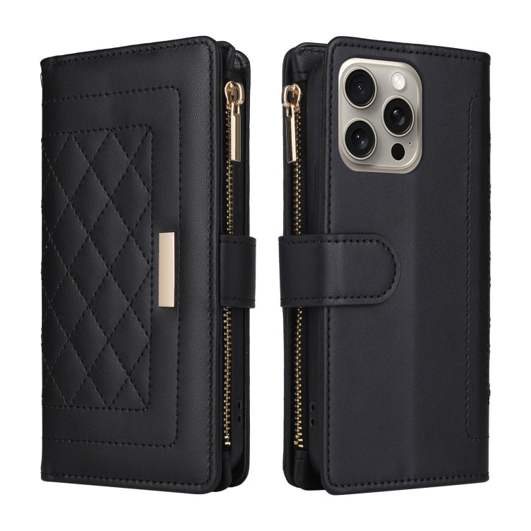 For iPhone 16 Pro Max Crossbody Zipper Wallet Rhombus Leather Phone Case(Black) by buy2fix